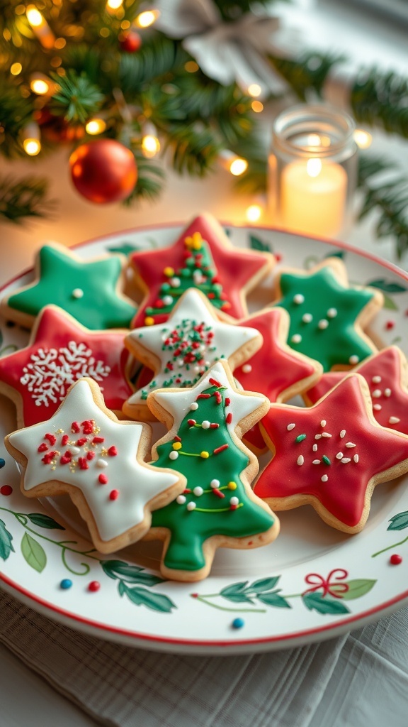 Decorated Christmas doodle cookies in festive shapes on a holiday plate with a cozy background.